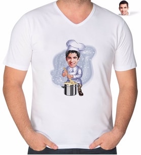 BK Gift Kişiye Özel Erkek Aşçı Karikatürlü V Yaka Tişört-1 (Beyaz)
