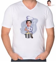 BK Gift Kişiye Özel Erkek Aşçı Karikatürlü V Yaka Tişört-1 (Beyaz)