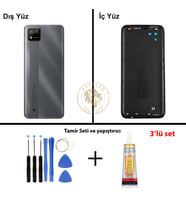 Oppo KAPAK Vida Seti + Yapıştırıcı Realme C11 2021 Gri Yapıştırıcı B-7000 Yapıştırıcı Vida Seti Arka Kapak Arka Cam Batarya Kapağı Lazer Kesim Kapak Pil Kapağı Back Cover
