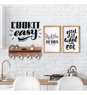 BK Home Doğal Ahşap Raflı Dekoratif Fincan Askılığı Mutfak Konseptli 2’li Ahşap Tablo ve Duvar Süsü-4 (Beyaz)