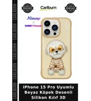 iPhone 15 Pro Uyumlu Beyaz Köpek Desenli Silikon Kılıf 3D Doğum Günü Metal Tuşlu
