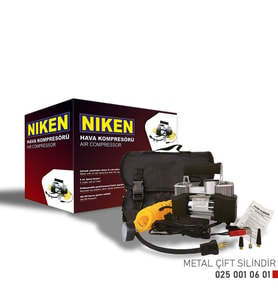 Hava kompresörü çift pistonlu metal gövde (çantalı) 12v araçlar için uyumlu Niken (Gri)