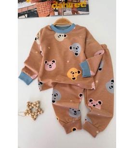 Sevimli Hayvan Desenli İnce Penye Unisex Çocuk Takım - Kahverengi Açık