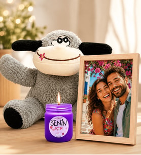 Kişiye Özel Fotoğraflı Ahşap Çerçeve Kokulu Mum ve Peluş Eşek Hediye Seti