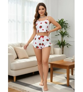Mulvxbrf Brf02 Kadın Beyaz Çilek Desenli Şortlu Pijama Takımı Sevimli Rahat 2 Li Set (Mulvix)