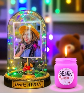 Kişiye Özel Renkli Led Işıklı Fanus ve Kokulu Mum Hediye Seti (Model 6)