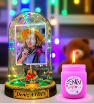Kişiye Özel Renkli Led Işıklı Fanus ve Kokulu Mum Hediye Seti (Model 6)