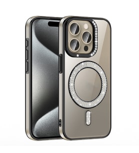 iPhone 15 Pro Kılıf Pırlanta Taş Tasarımlı M-safe Şarj Özellikli Karetta Silikon Kapak (Siyah)