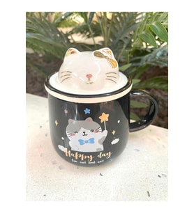 Kawai 3D Kedi Kapaklı Kaşıklı Kupa Bardak Siyah