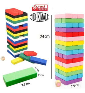 Ahşap Jenga 54 Parça Denge ve Beceri Oyunu Renkli Jenga Ahşap Renkli Denge Blokları Büyük Boy