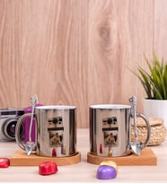 Kişye Özel Polaroid Tasarım Fotoğraflı İkili Ahşap Altlıklı Silver Kupa