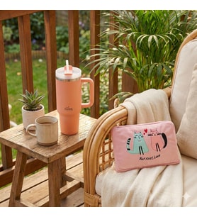 Any Morning Vaha 1200 ml Çelik Termos, Açık Somon & BiggDesign Cats Elektrikli Sıcak Su Torbası Seti
