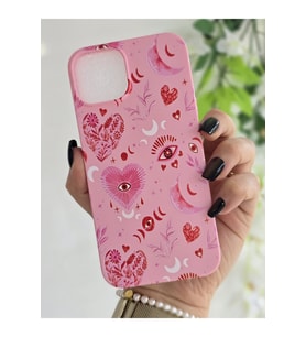 Iphone 15 Uyumlu Pembe Mistik Kalp & Ay Desenli İçi Kadife Sert Silikon Telefon Kılıfı