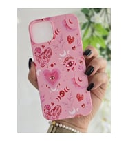 Iphone 15 Uyumlu Pembe Mistik Kalp & Ay Desenli İçi Kadife Sert Silikon Telefon Kılıfı