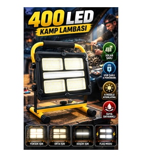 400 LED Solar Kamp Lambası – USB Şarj ve Powerbank Özellikli 4 Modlu Aydınlatma