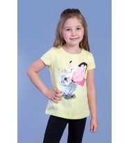 Toontoy Kız Çocuk Tavşan Baskılı Pul İşlemeli Tişört (Sarı)