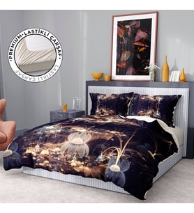 Monohome Premium Luxury Çift Kişilik Nevresim Takımı 3D Pamuk Saten Brown Lotus (Lacivert)