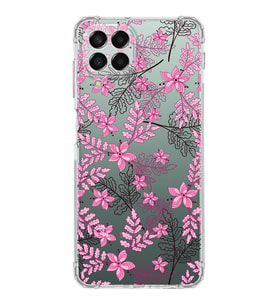 Samsung Galaxy M33  Köşe Korumalı Antişok Kapak Floral Pembe Tasarımlı Şeffaf  Kılıf