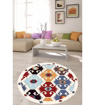 Otantik Kilim Desenli Etnik Dijital Baskı Yıkanabilir Modern Yuvarlak Salon ve Hol Halısı (Çok Renkli)