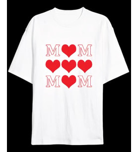 Anneler Günü Hediye MOM Kalp Baskılı Oversize Bisiklet Yaka T-shirt - Beyaz