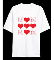 Anneler Günü Hediye MOM Kalp Baskılı Oversize Bisiklet Yaka T-shirt - Beyaz