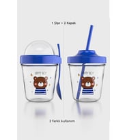 Renga Mila Happy Boy Ayıcık Desenli Tritan Çocuk Seti Pipetli Kapak ve Müsli Kapak 712009 Mavi