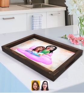 BK Gift Kişiye Özel Anne Kız Karikatürlü Doğal Ahşap Tepsi-3