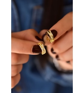 925 Ayar Gümüş Gold Kaplama Zirkon Taşlı Geometrik Desenli Halka Küpe
