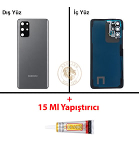 Samsung Galaxy S20 Plus Gri Renk Lensli Arka Kapak + B7000 Yapıştırıcı Arka Cam Batarya Kapağı Pil Kapağı Lazer Kesim Back Cover Galaxy S20 Plus Uyumlu