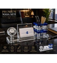 Premium Hediye Ofis Kristal Cam Saatli Kalemlik Kartvizitlik Yönetici Masaüstü Organizer Seti MAVİ