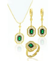 Zümrüt Taşlı Sekizgen Model Gold Kaplama 925 Ayar Gümüş Üçlü Set 201024003