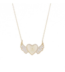 Kalp Melek Kanadı Model Gold Rengi Zirkon Taşlı 925 Ayar Gümüş Kadın Kolye