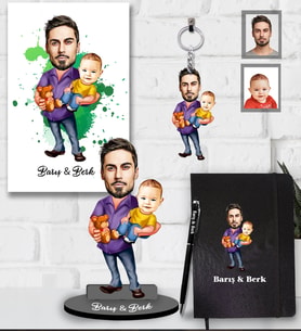 Kişiye Özel Babalar Günü Baba Erkek Bebek Karikatürlü 5 lİ Hediye Seti Model-3