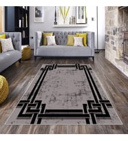 Gri Desenli Siyah Çizgili Yıkanabilir Kaymaz Taban Leke Tutmaz Modern Salon Halısı ve Yolluk