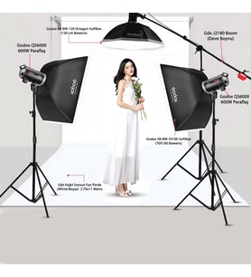 Godox QS600 II W/S 3'lü Stüdyo Paraflaş SoftBox Kit (600 Watt) & Stüdyo Fon Perde Sistemi