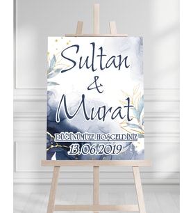 Söz Nişan Düğün İçin 50x70 Karşılama Panosu - Mavi Çiçek Özel Tasarımlı
