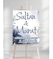 Söz Nişan Düğün İçin 50x70 Karşılama Panosu - Mavi Çiçek Özel Tasarımlı