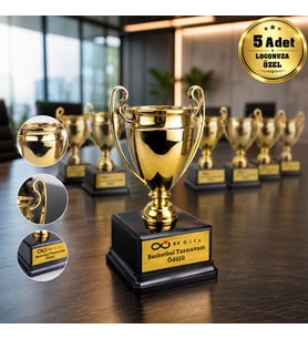 Logonuza Özel 5 Adet Mesajlı Gold Renk Şampiyon Ödül Kupası 23 cm Kurumsal Set