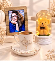 Kişiye Özel Fotoğraflı Hayat Ağacı Desenli Porselen Kahve Fincanı ve LED Peluş Ayıcıklı Fanus