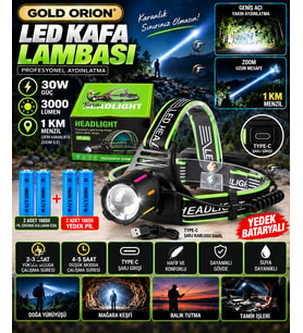 30W Ultra Güçlü LED Kafa Lambası (4 Adet Pilli - Yedek Bataryalı Set) - 3000 Lümen 1000m Menzil