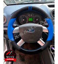 Ford Fiesta Mk5 Dikme Direksiyon Kılıfı Delikli Deri Parlak Siyah Mavi Detay Çift Yüzük ve Dikiş 2006-2008