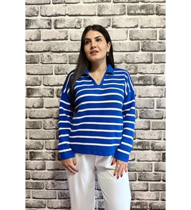 Saks Renk Kalın Çizgi Detaylı Polo Yaka Standart Beden Kadın Kazak