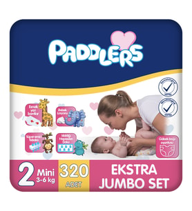 Paddlers Bebek Bezi 2 Numara Mini (3-6 Kg) 320 Adet – Ekstra Jumbo Set