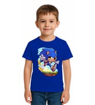 Unisex Sonic Baskılı Çocuk Tişört pamuklu penye kumaş (Saks Mavisi)