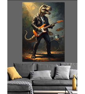 Gitar Çalan Dinozor Rock Yıldızı Dekoratif Kanvas - Mdf Ahşap Tablo