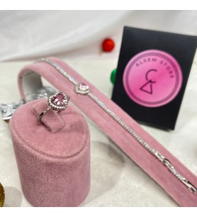Gümüş Kalpli Bileklik ve Yüzük Seti , Pembe Kalpli Bileklik ve Yüzük Seti