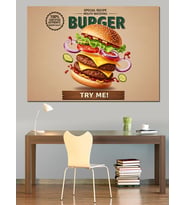 Büyük Lezzetli Burger Çizimi Dekoratif Kanvas - Mdf Ahşap Tablo