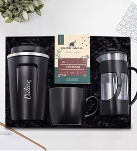 Kişiye Özel Siyah 350 ML Çelik Termos & Siyah French Press & Siyah Kupa & Alerya Premium Filtre Kahve Hediye Seti
