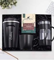 Kişiye Özel Siyah 350 ML Çelik Termos & Siyah French Press & Siyah Kupa & Alerya Premium Filtre Kahve Hediye Seti