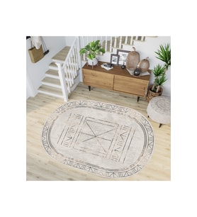 Rovigo Home Dijital Baskı Yıkanabilir Kaymaz Taban Oval Salon Halısı RVG7195-HT399 (Bej)